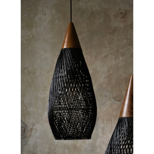 Rattanowa lampa z drewnem teakowym CONE w rozmiarze M - czarna