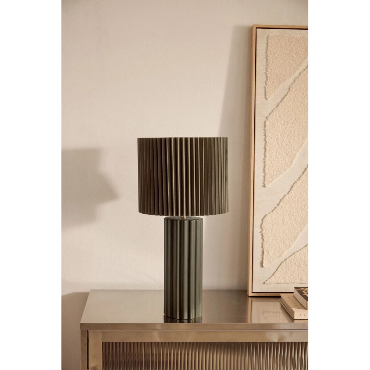 Lampa stołowa z ceramiki i tkaniny Marvila 60 cm wojskowa zieleń