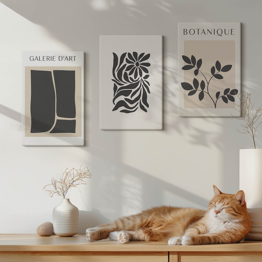 Zestaw 3 małych obrazów na płótnie - Abstrakcyjne wzory roślinne - beżowy
