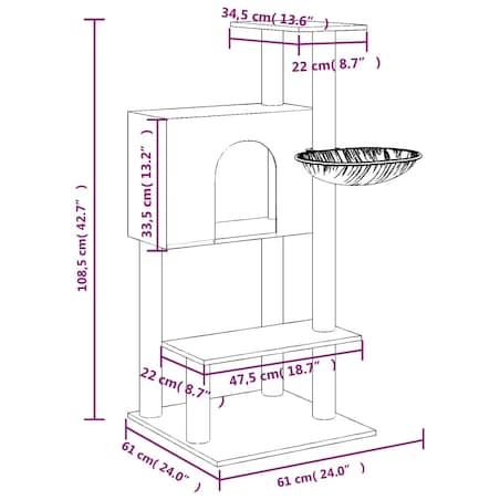 vidaXL Drapak dla kota, z sizalowymi słupkami, kremowy, 108,5 cm