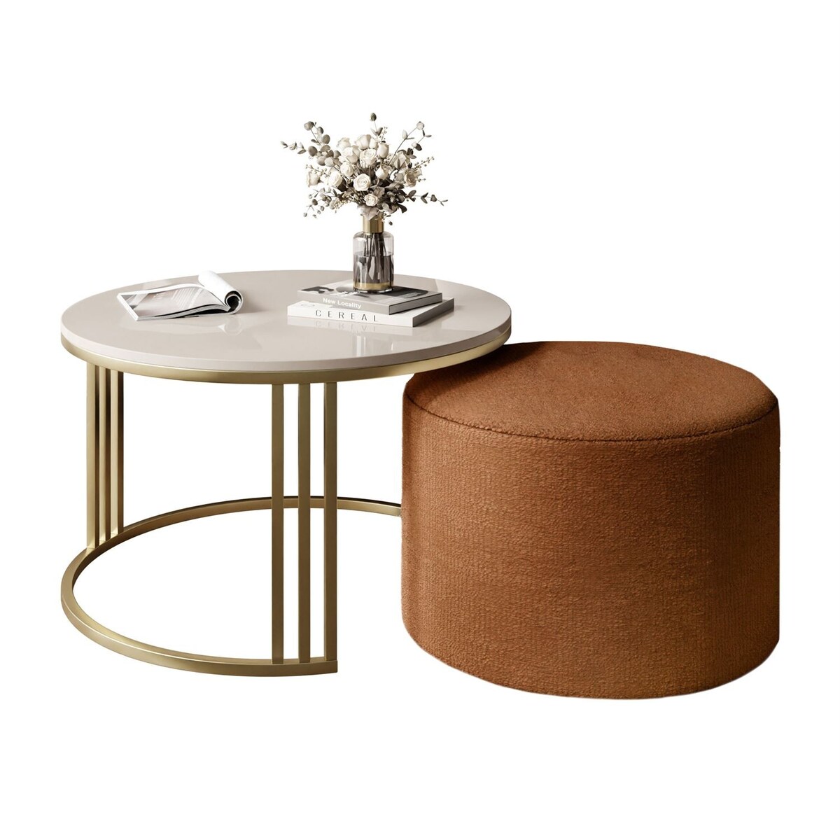 Stolik kawowy z pufą LORI POŁYSK złoto szczotkowane, kaszmir / Perfect Harmony 52