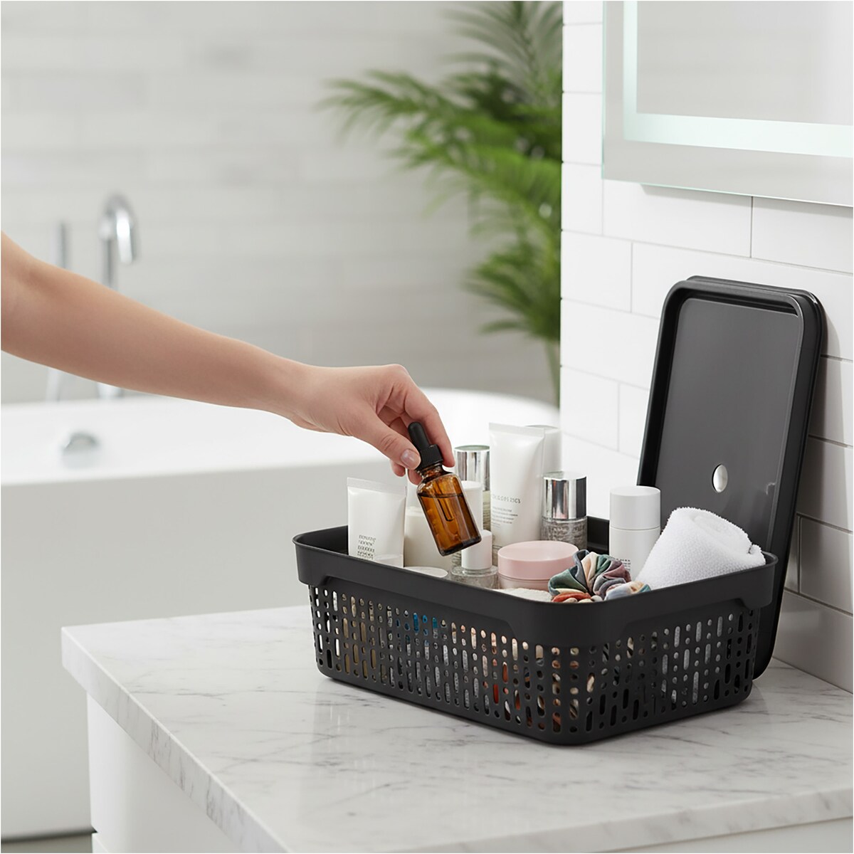 Koszyk Koszyczek Ażurowy M Plastikowy Na Kosmetyki Do Łazienki Pojemnik Z Pokrywką Zamykany Z Dziurkami Czarny