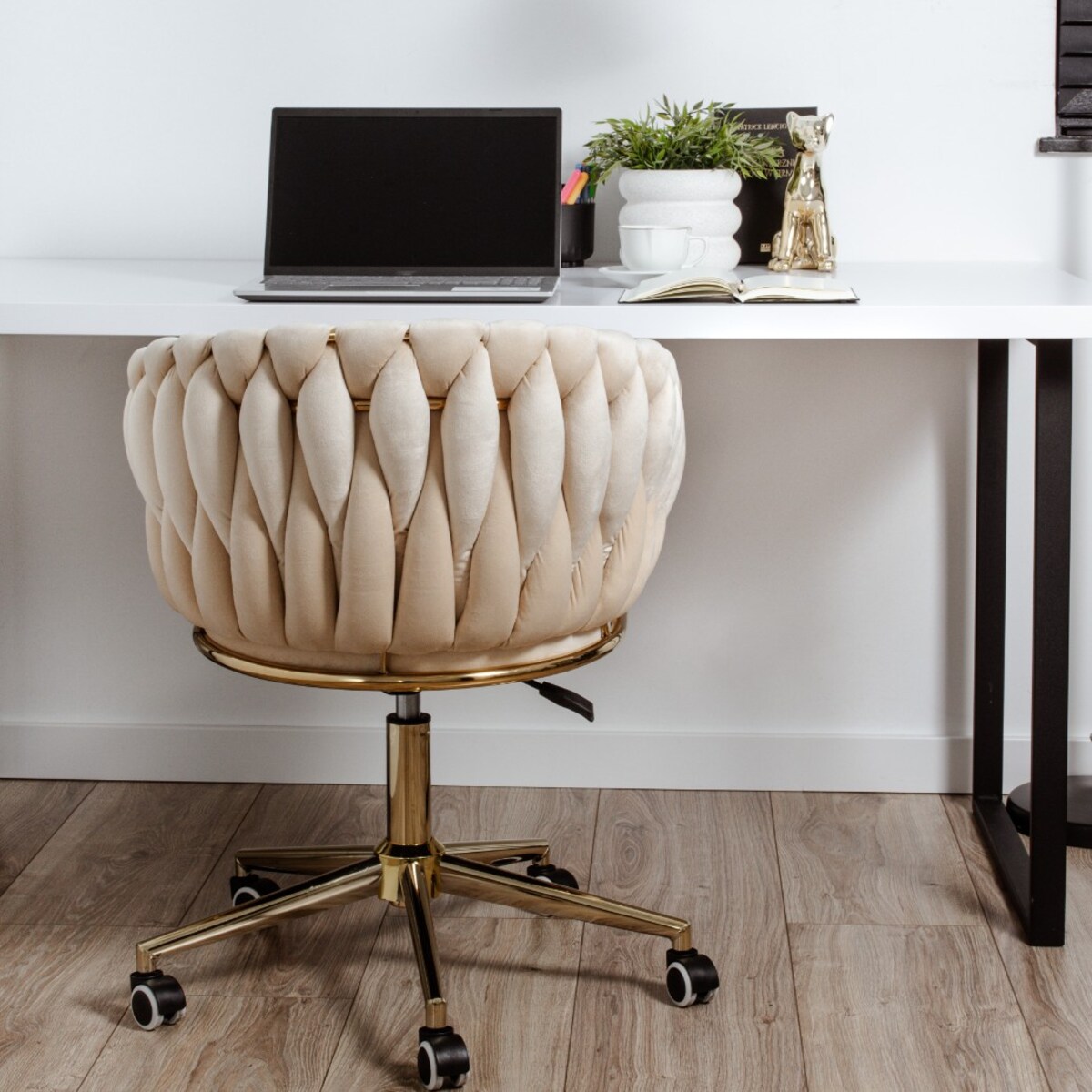 Fotel biurowy krzesło obrotowe regulowane welurowe beżowe