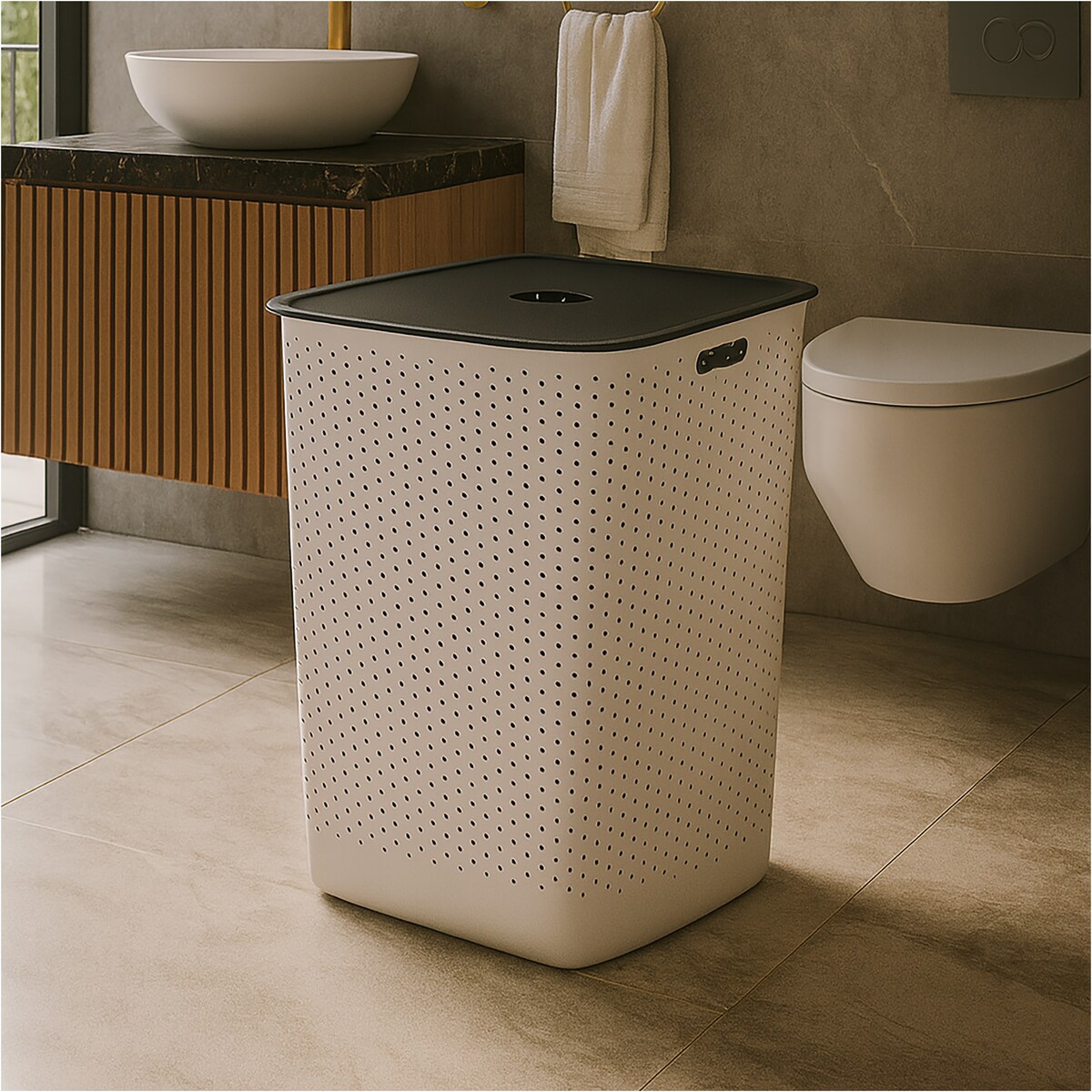 Kosz Na Pranie Bieliznę Wolnostojący Łazienkowy 60 L Duży Biały