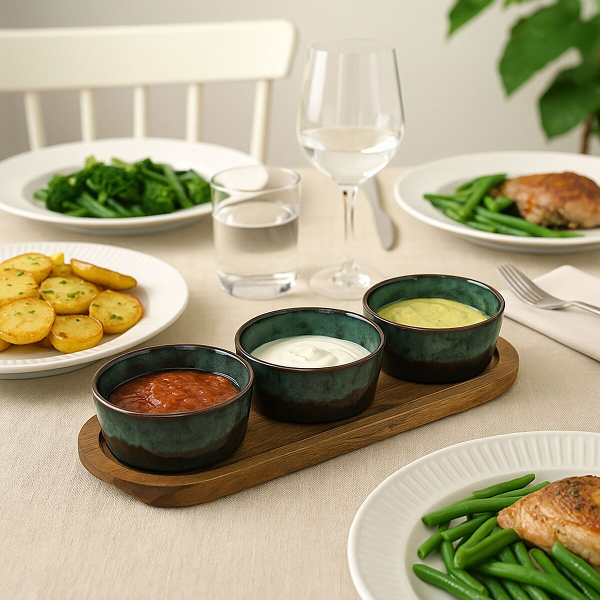 Taca na przekąski z miseczkami z kamionki, 29 x 10 cm