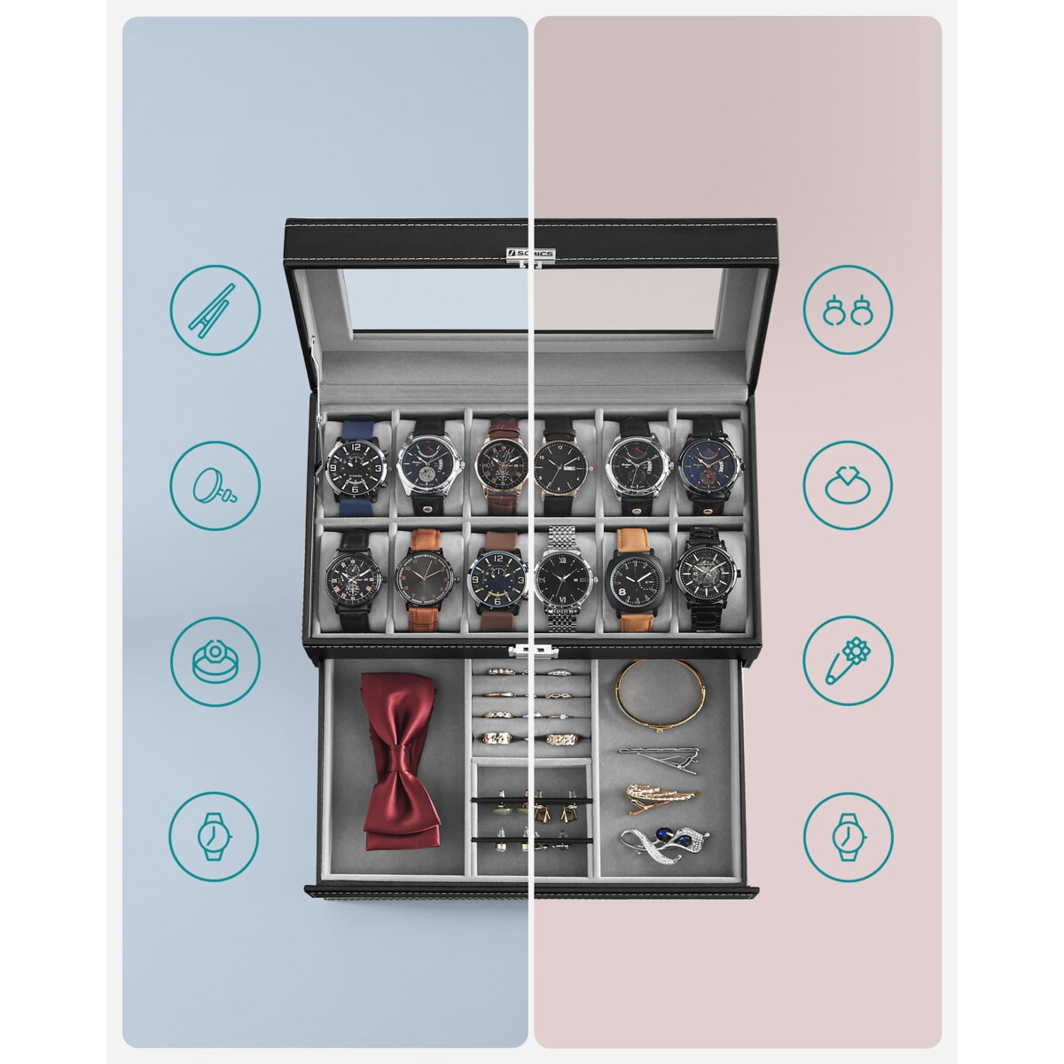 Kasetka Szkatułka Na Zegarki Biżuterie Prostokątna Czarna