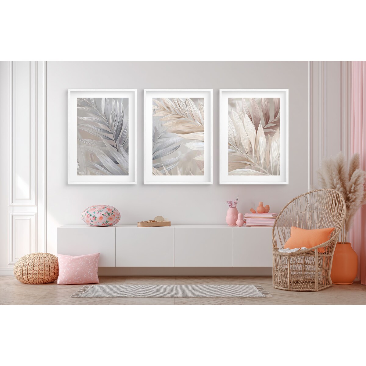 Plakaty w ramkach Liście Boho Obrazy do sypialni Pióra Ecru Beż Dekoracje