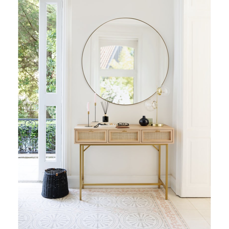 Wąska konsola boho RAYO z 3 szufladami i plecionką wiedeńską