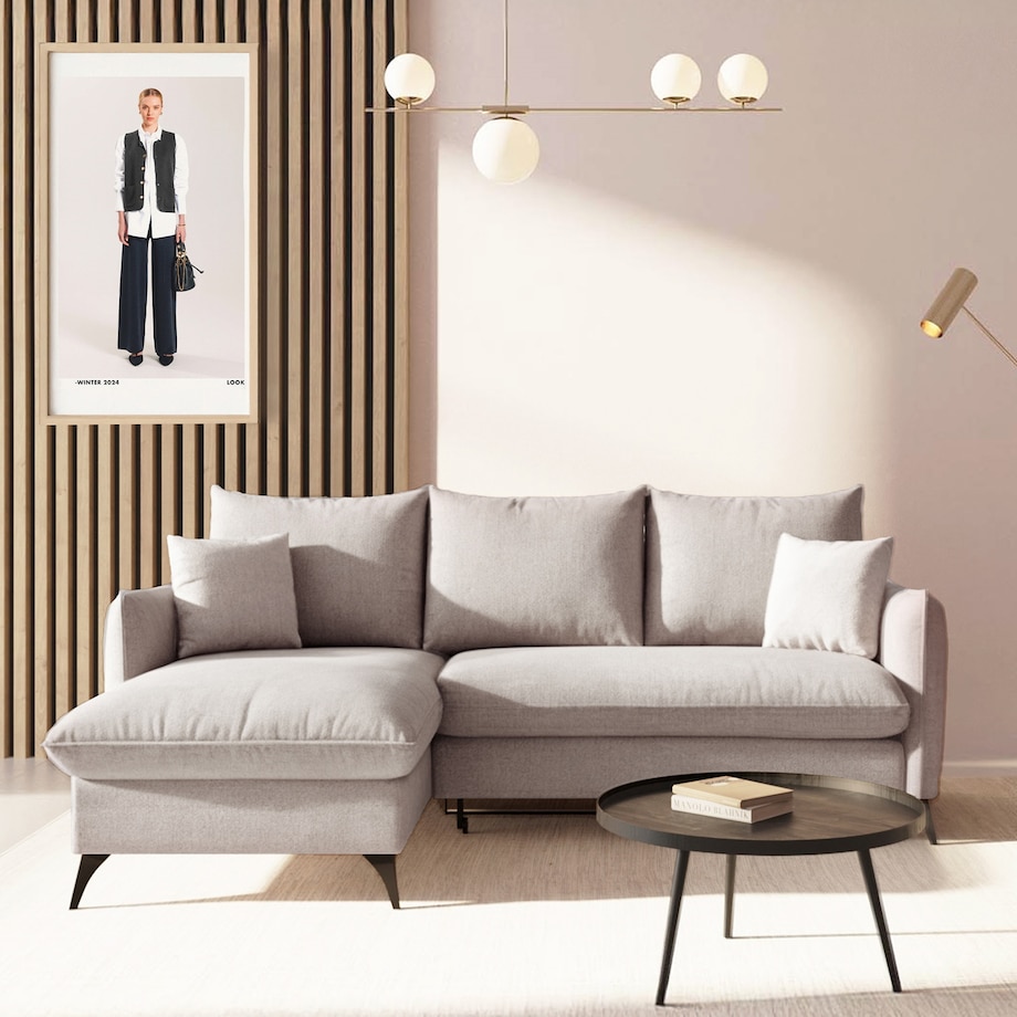 Brim Sofa narożna lewa z funkcją spania i pojemnikiem lewa jasnoszara