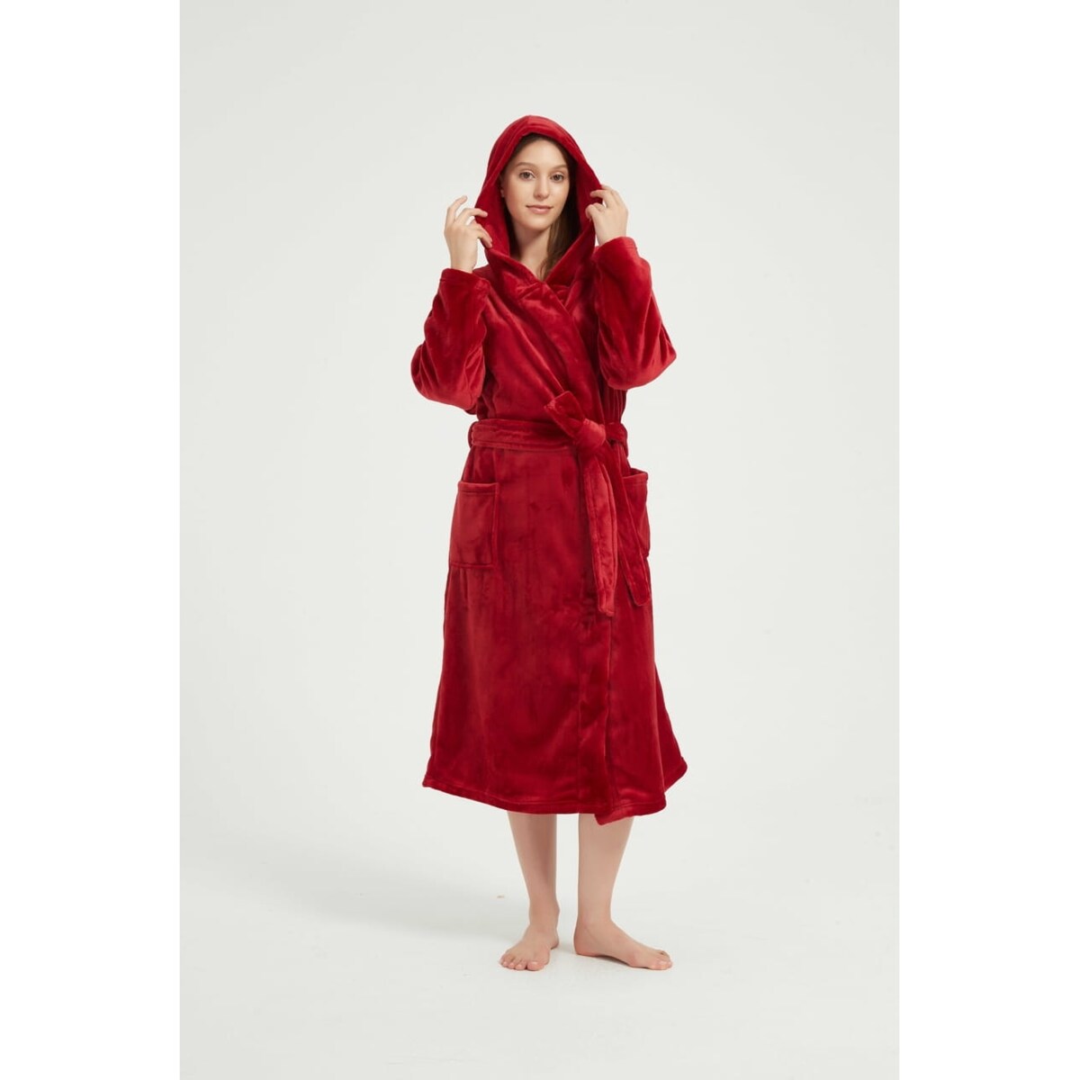 SZLAFROK Z KAPTUREM WIĄZANY CIEPŁY MIĘKKI UNISEX S/M PAULO BORDOWY