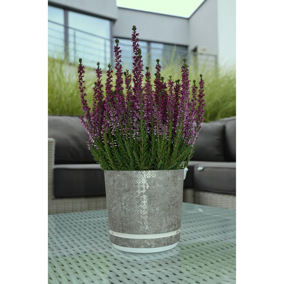 21 cm wzór Szary gres TRIBECA 013 Doniczka z podstawką matowa donica z połyskującym srebrnym wzorem