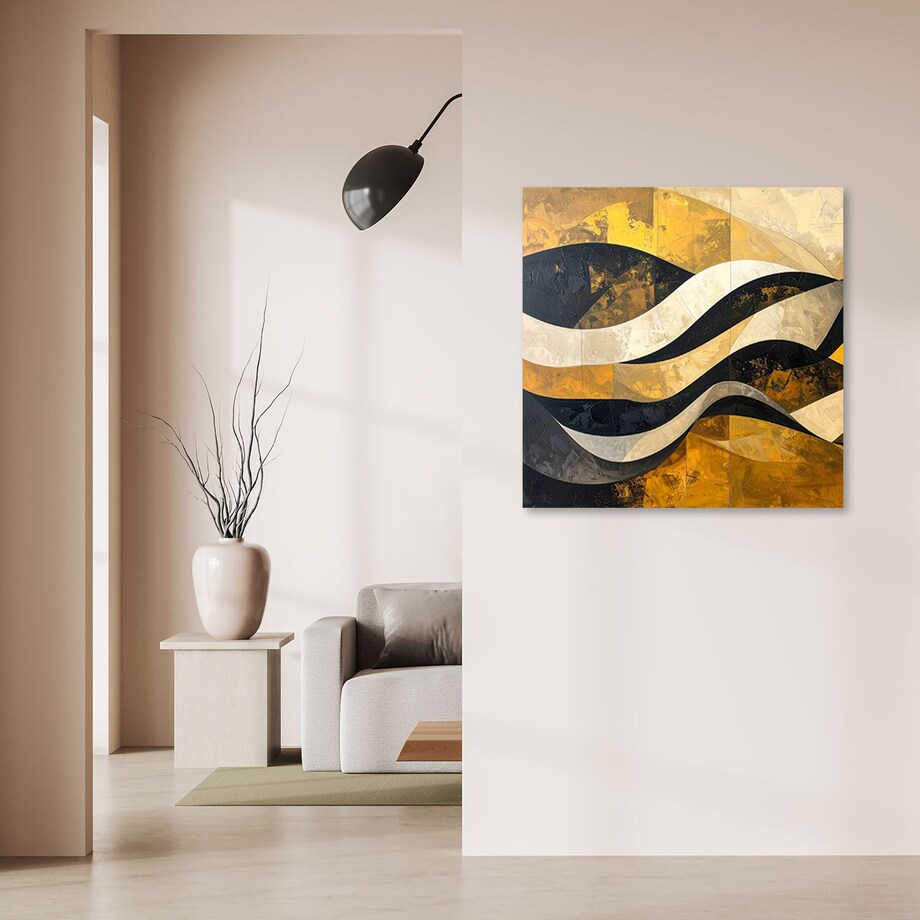 Obraz do salonu sypialni biura loftu, Abstrakcja linie kształty zółty czarny złoty