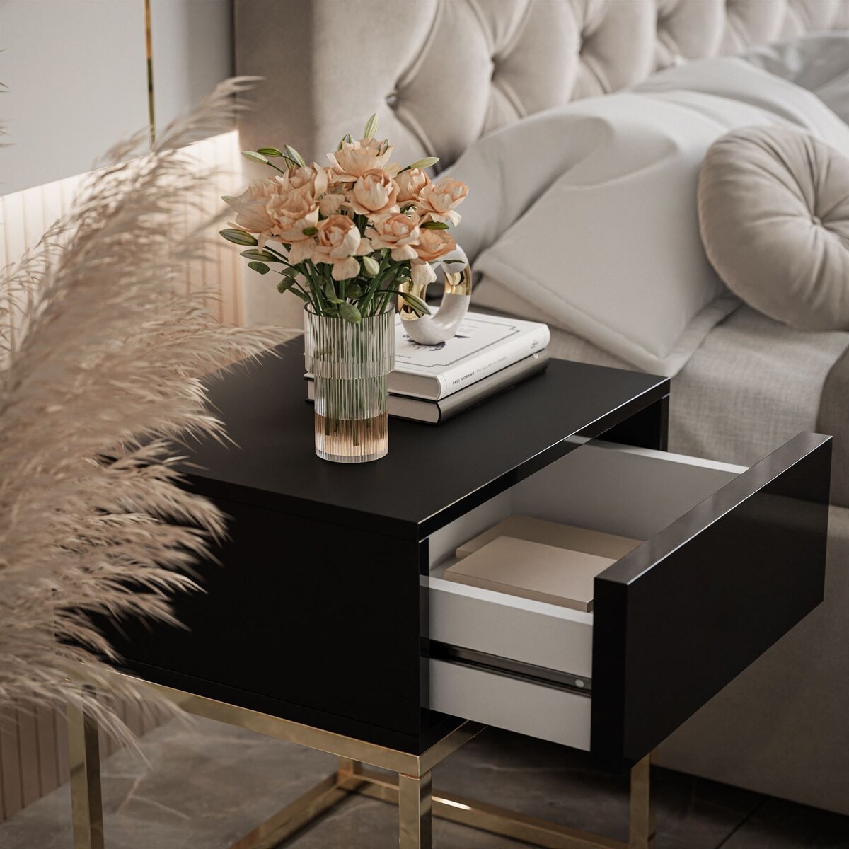 Stolik nocny BLANCO GOLD czarny high gloss na złotym chromowanym stelażu 45x52x36,6 cm