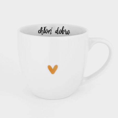 Biały kubek porcelanowy 300 ml „Chłoń dobro" ze złotym sercem - prezent na urodziny dla bliskiej osoby, mamy, przyjaciółki