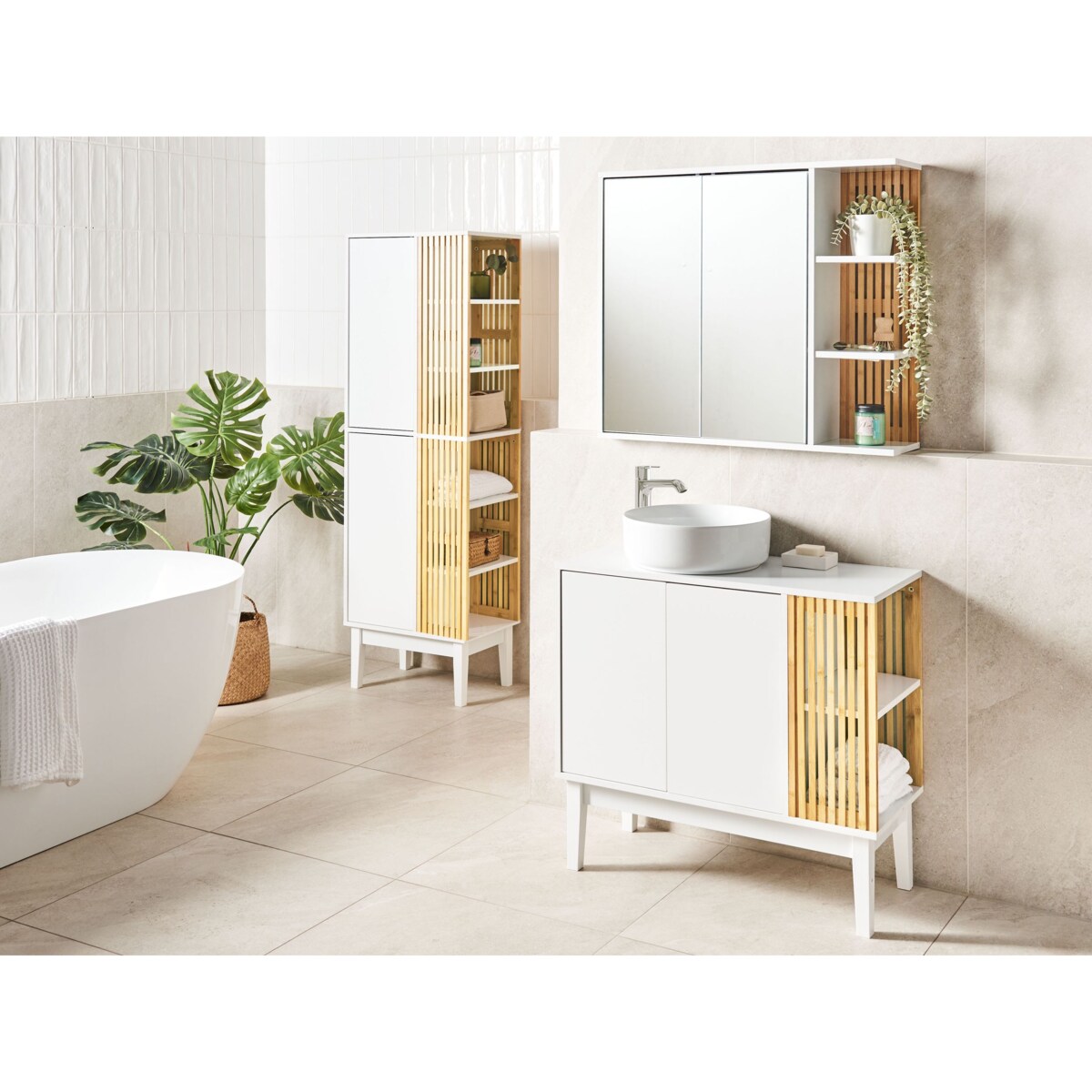 Szafka łazienkowa jasne drewno z białym NUBES