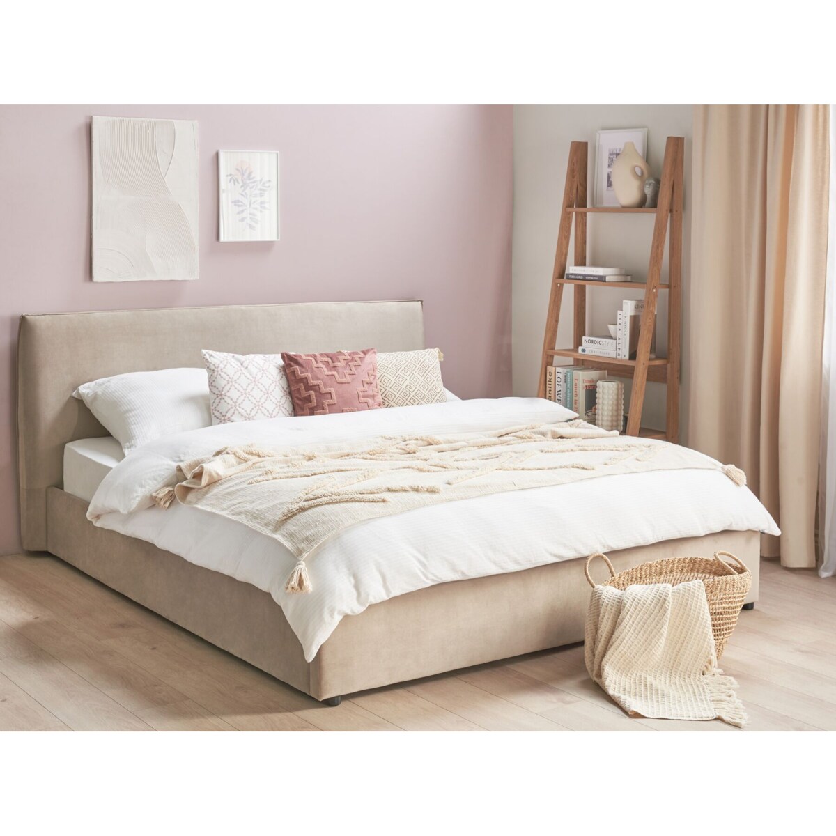 Łóżko z pojemnikiem Welur LAVAUR 180 x 200 cm Beżowoszary
