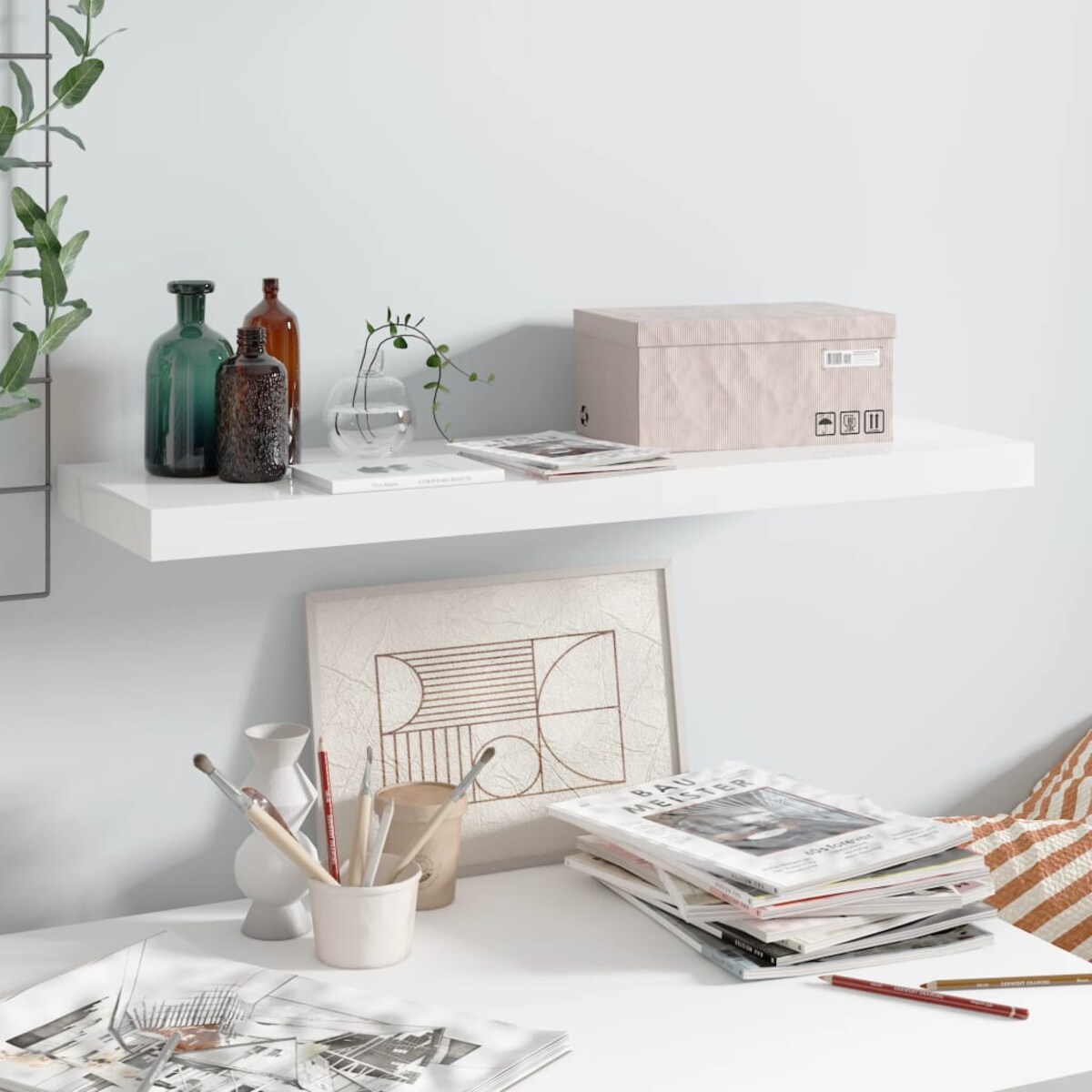 vidaXL Półka ścienna, wysoki połysk, biała, 80x23,5x3,8 cm, MDF