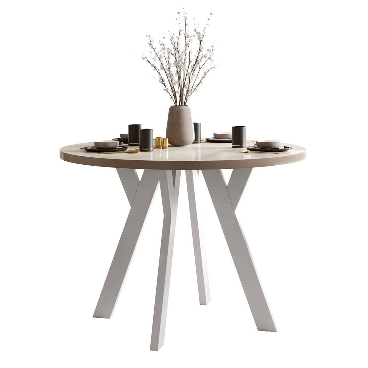 Okrągły stół rozkładany VOLTA GLOSS, nogi białe, blat kaszmir