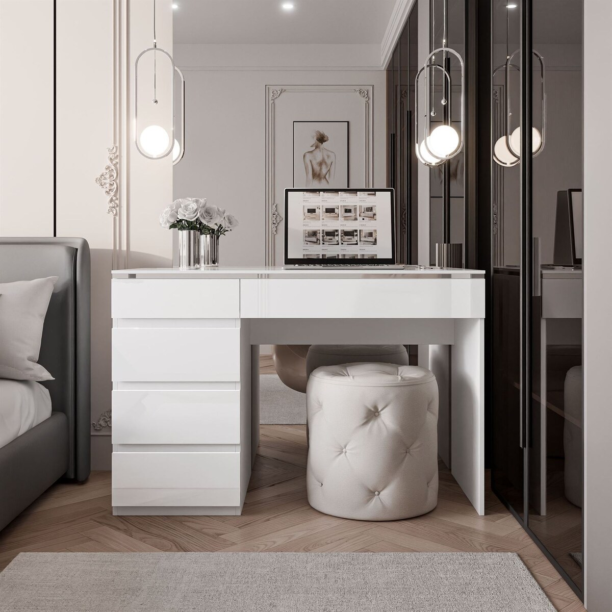 Biurko AURORA SILVER z szufladami biay połysk