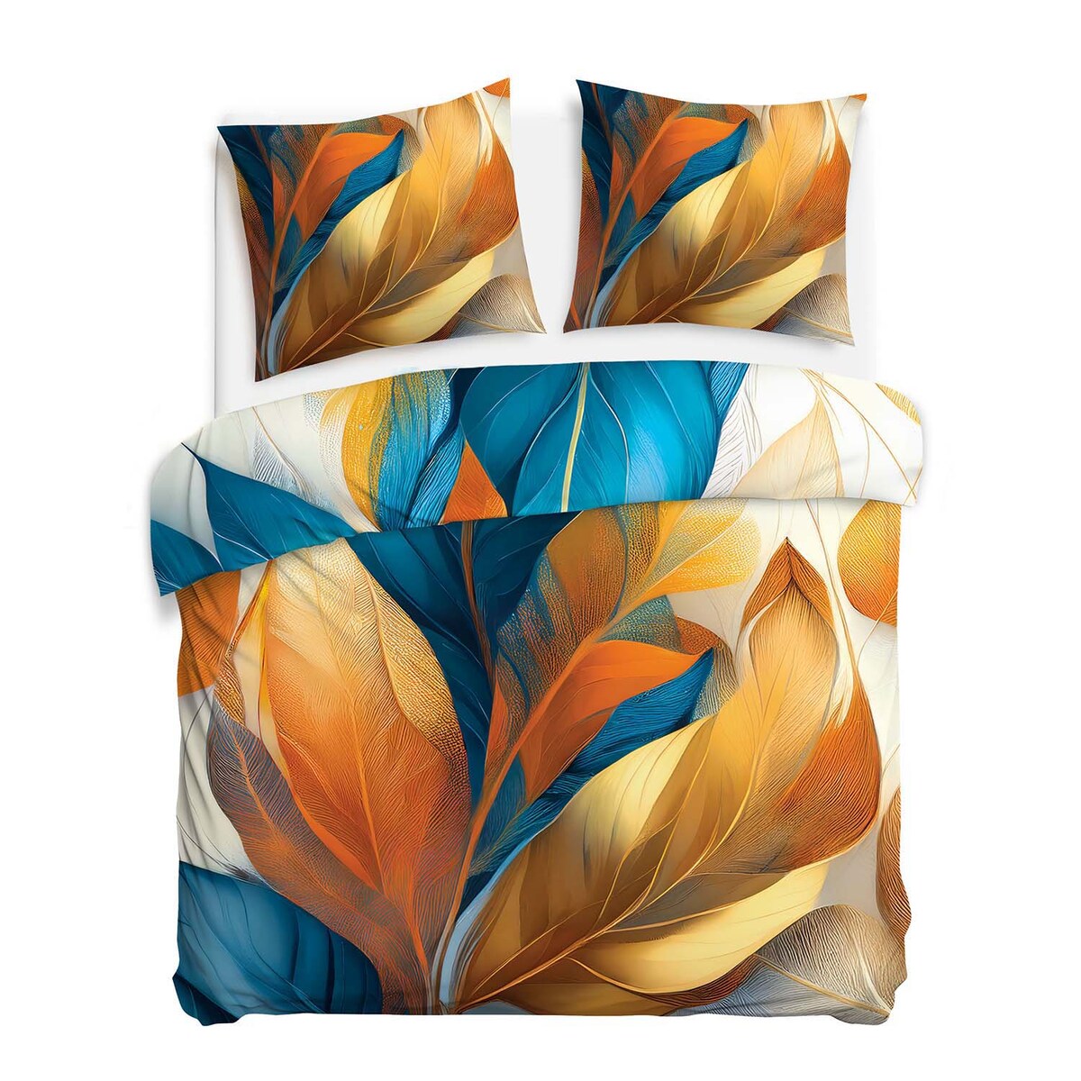 Pościel satyna bawełniana 180x200 Aurelia w złote i niebieskie liście, Satynlove Premium