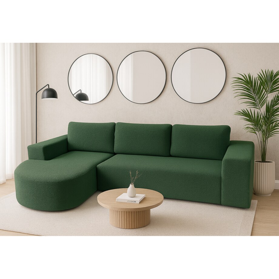 Narożnik Vello z funkcją spania do salonu, lewostronny- butelkowa zieleń