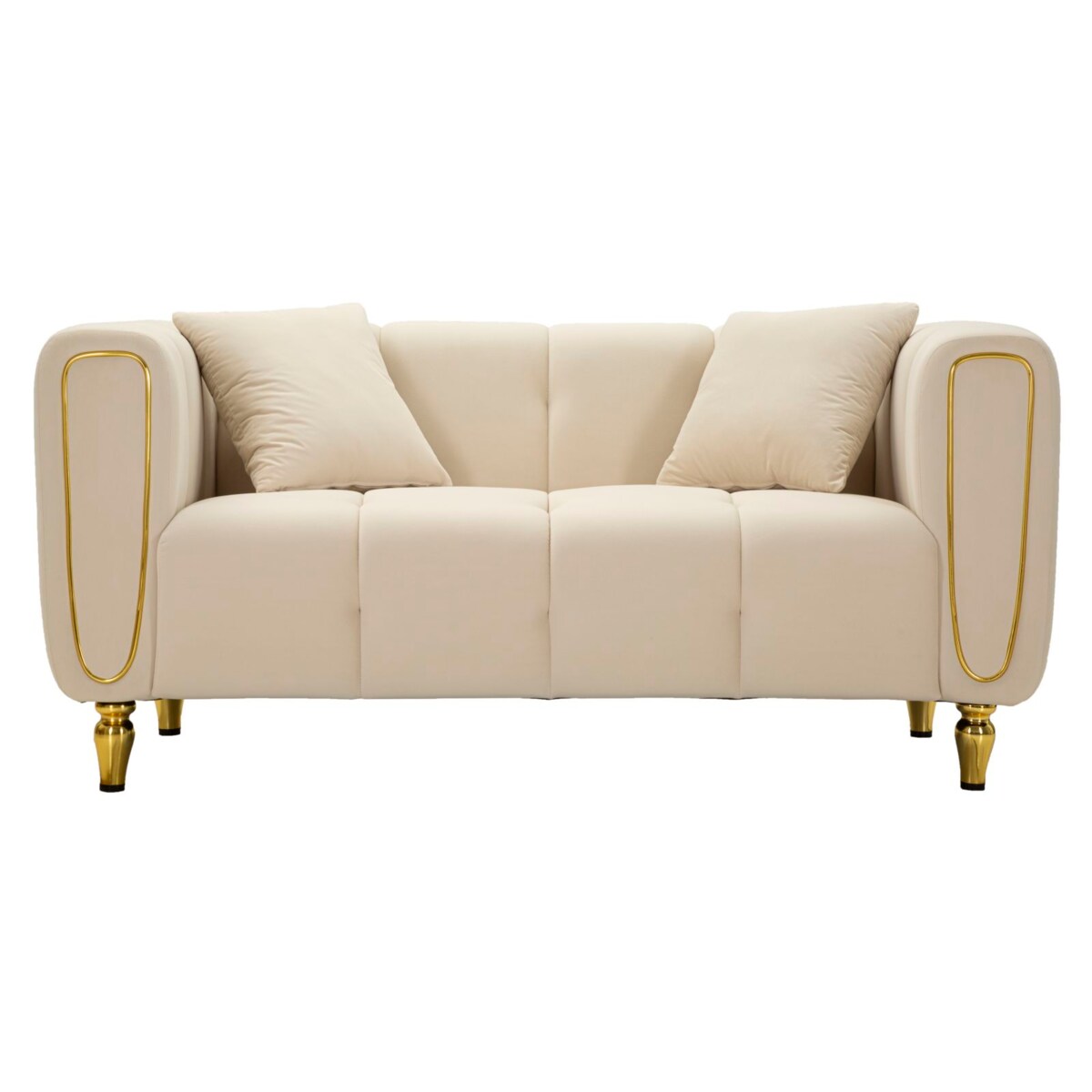 Sofa Alma, kolor kremowy i złoty, poliester, drewno eukaliptusowe, drewno sosnowe, sklejka i metal, 81 x 155 x 71 cm, do salonu, Mauro Ferretti