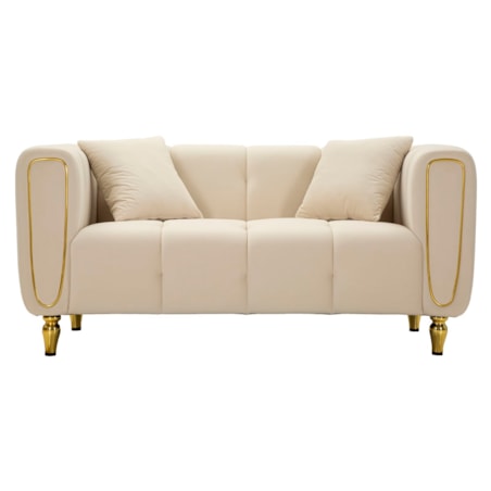 Sofa Alma, kolor kremowy i złoty, poliester, drewno eukaliptusowe, drewno sosnowe, sklejka i metal, 81 x 155 x 71 cm, do salonu, Mauro Ferretti