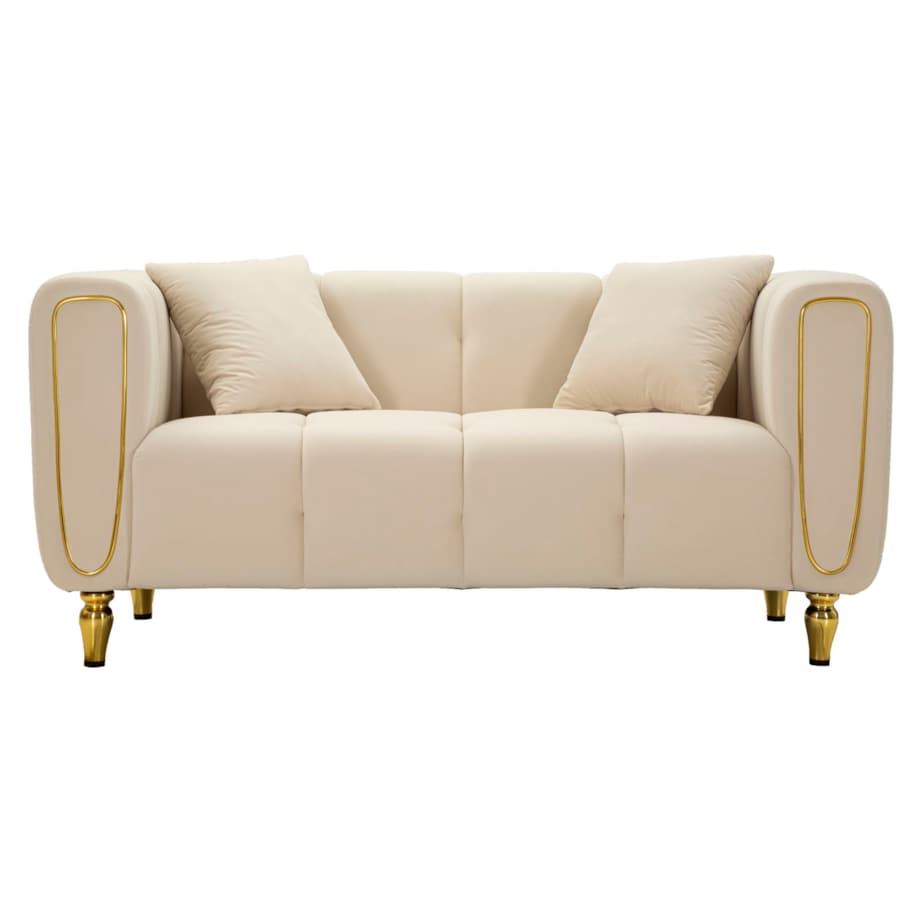 Sofa Alma, kolor kremowy i złoty, poliester, drewno eukaliptusowe, drewno sosnowe, sklejka i metal, 81 x 155 x 71 cm, do salonu, Mauro Ferretti