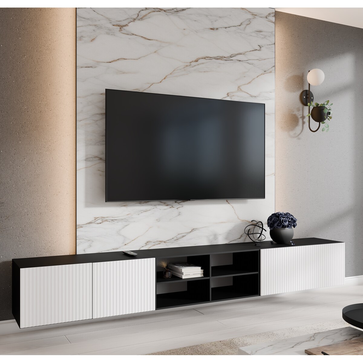 Szafka RTV NOELI 300 otwarta z półkami do salonu, ryflowana-czerny+biały