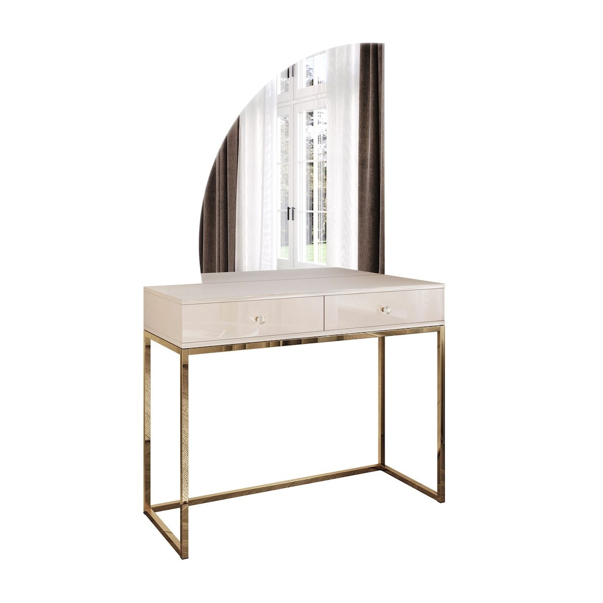 Toaletka kosmetyczna QUINNIE KASZMIR z lustrem LED złoty chrom, lewa, uchwyt biały kryształ