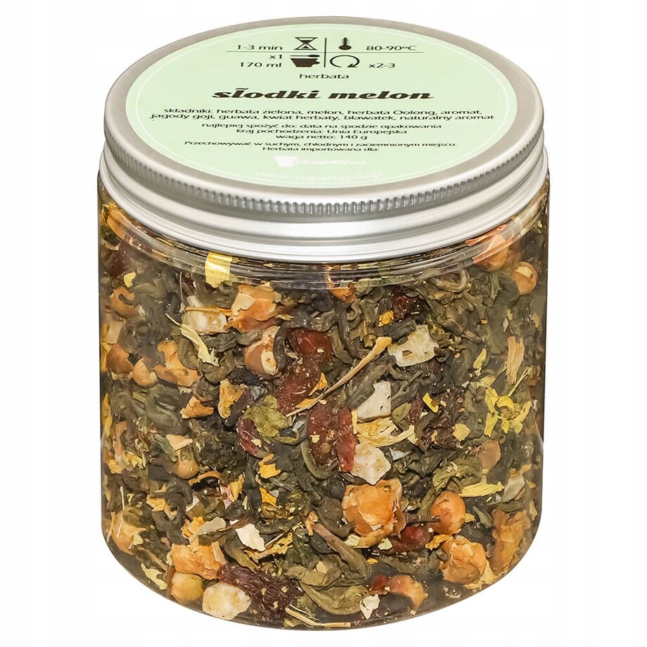 Herbata zielona sypana SŁODKI MELON o smaku egzotycznego melona PREMIUM - herbata liściasta sypana mieszanka napar susz - gotowa na prezent upominek