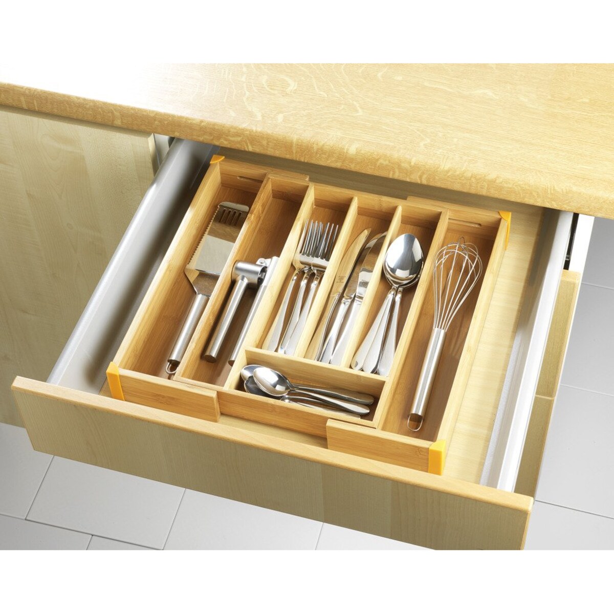 Rozsuwany pojemnik na sztućce BAMBOO, wkład do szuflady, 25,5 - 38 x 36 x 5 cm