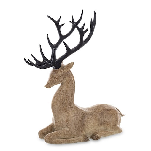 Figurka - leżący renifer 33,5x29x12,5 cm brązowy z czarnym porożem