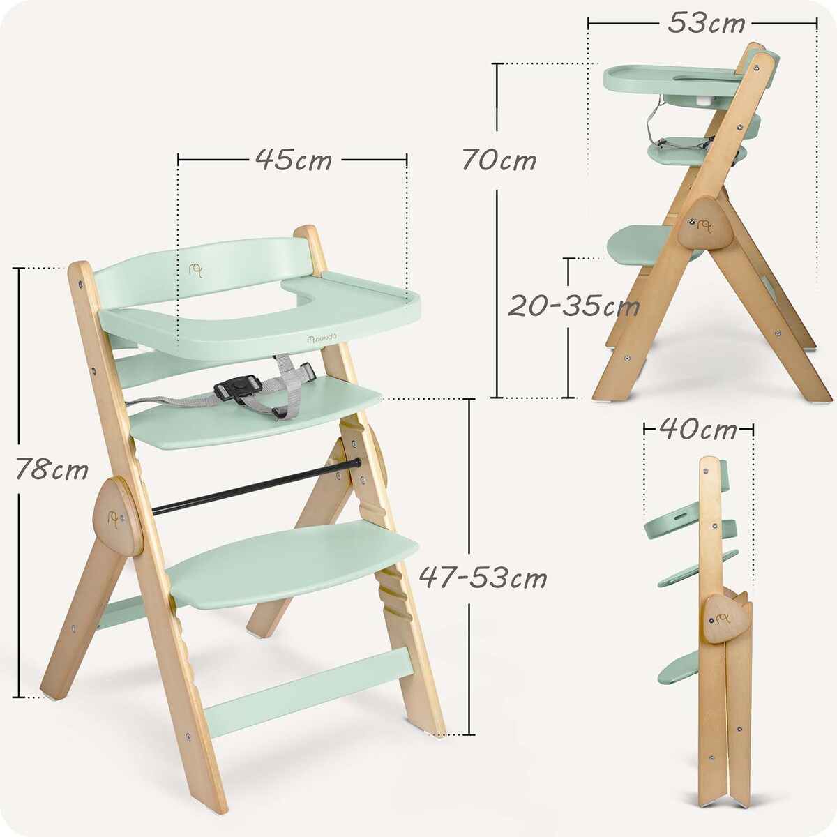 Drewniane krzesełko do karmienia Nukido składane regulowane pasy 702003