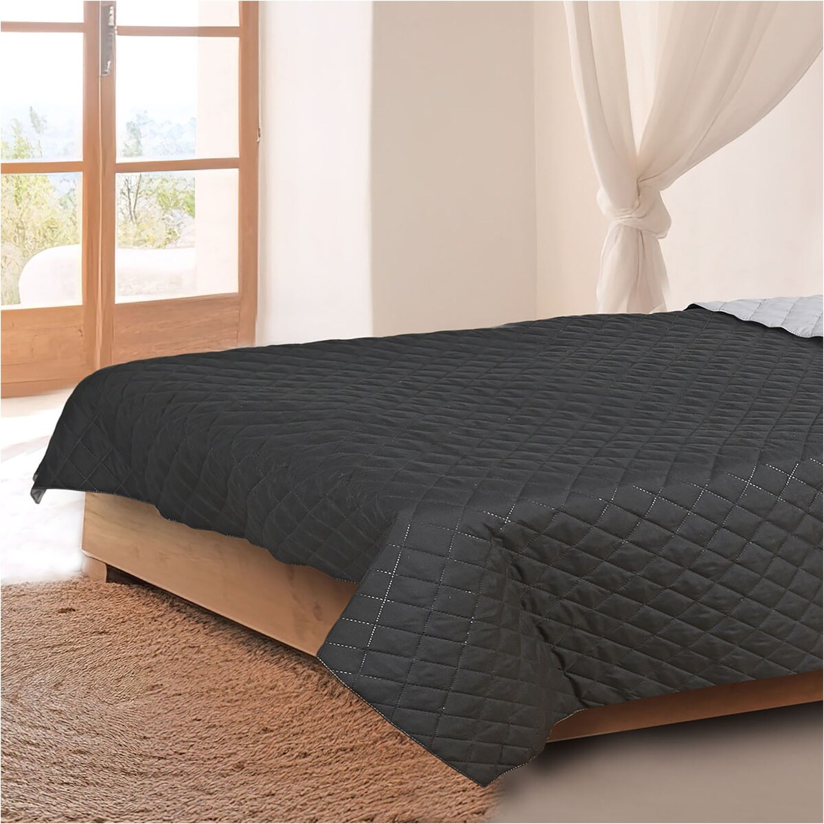 Narzuta Na Łóżko Kanapę Na Plażę Pikowana 220X240 Cm Szaro-Czarna