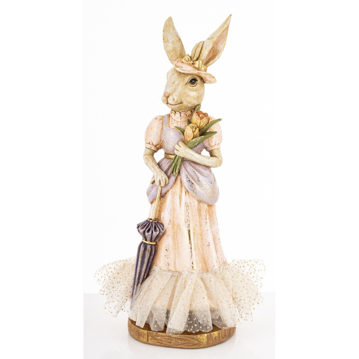 Dekoracja - pani królik w eleganckim stroju z parasolką i tulipanami 29x15x13 cm