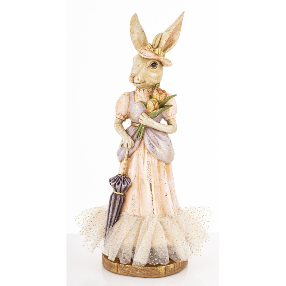 Dekoracja - pani królik w eleganckim stroju z parasolką i tulipanami 29x15x13 cm
