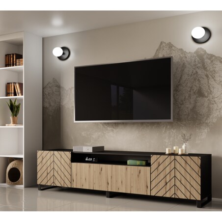 Szafka RTV IGO 200 cm na metalowych nogach, jodełka- artisan+czarny