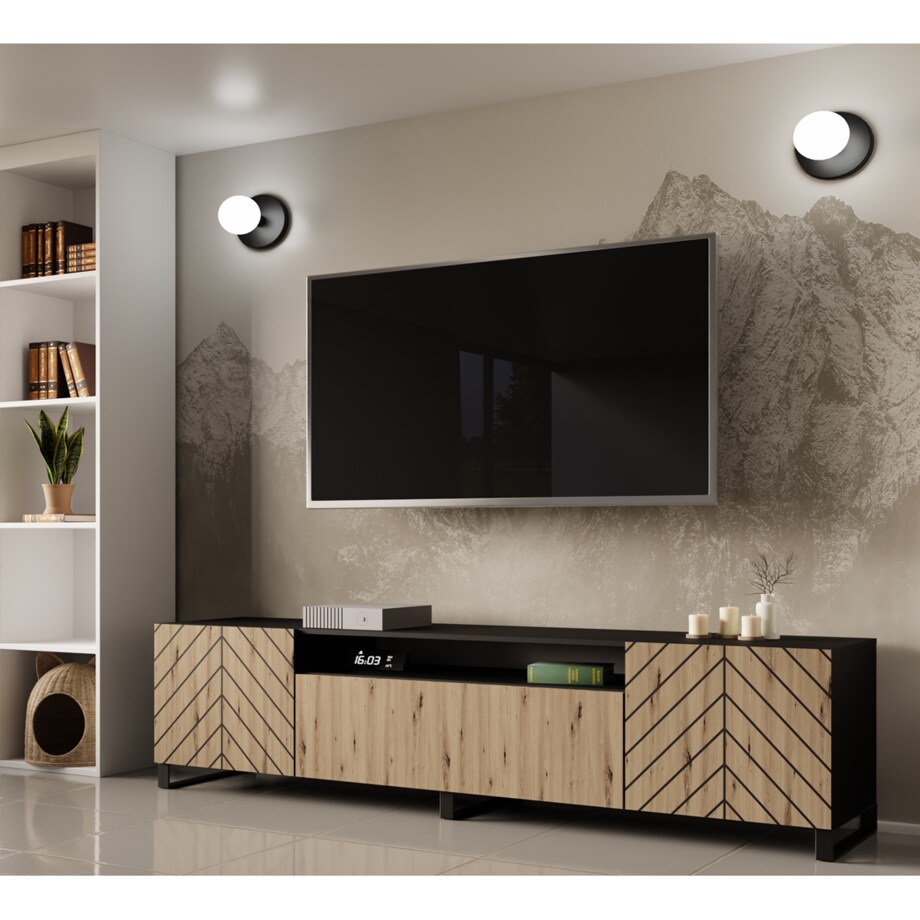 Szafka RTV IGO 200 cm na metalowych nogach, jodełka- artisan+czarny