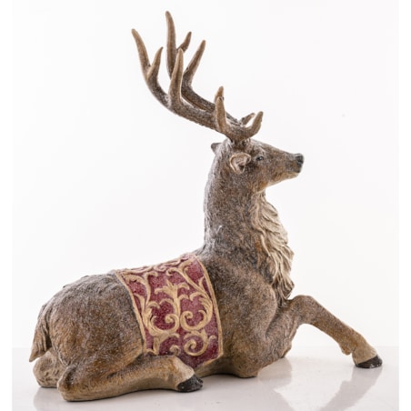Figurka - leżący jeleń 29x29x13 cm OLEN z czerwono-złotą derką