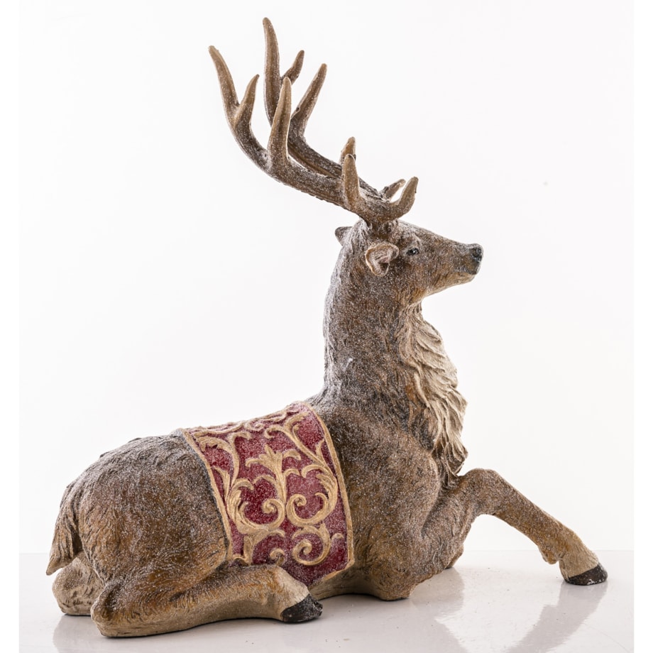 Figurka - leżący jeleń 29x29x13 cm OLEN z czerwono-złotą derką