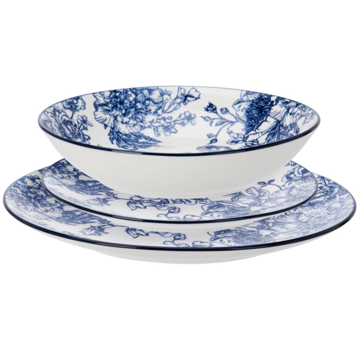 Zestaw ozdobnych talerzy z nadrukiem kwiatowym GLAMT, 18 sztuk, porcelanowych, kolor niebieski