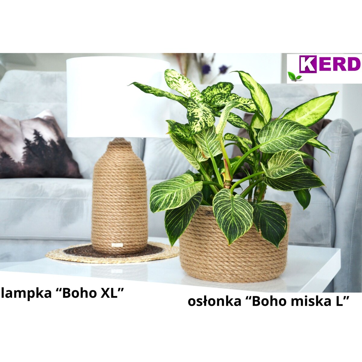 BOHO XL Lampka stołowa h 54 cm Boho naturalny sznurek jutowy pleciony * styl etno skandi skandynawski* lampka nocna biurkowa * BIAŁY abażur + juta