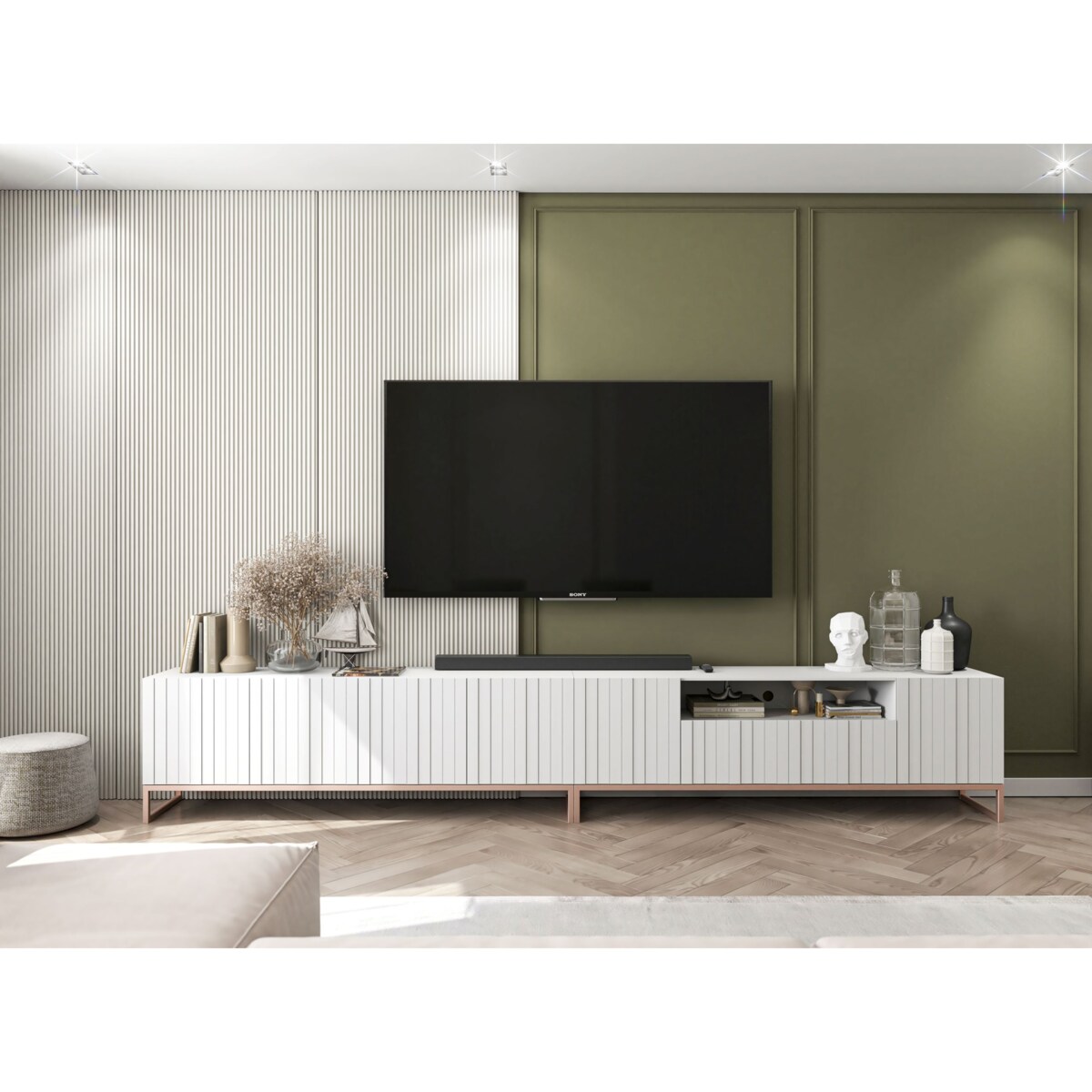 Nowoczesna Szafka RTV Glamour Komoda RTV Ryflowane Fronty Biały Mat 300 cm