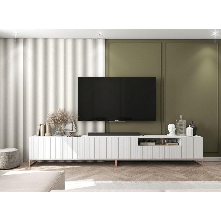 Nowoczesna Szafka RTV Glamour Komoda RTV Ryflowane Fronty Biały Mat 300 cm