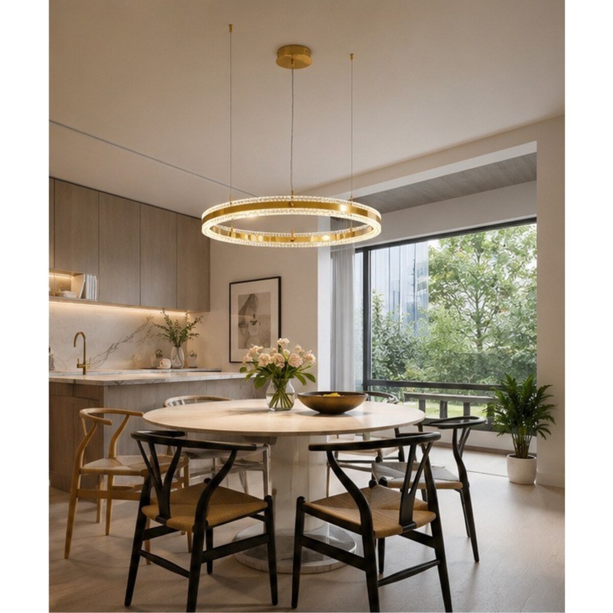 Lampa wisząca ARKADIA LED 80 cm - złoty połysk z kryształowym pierścieniem