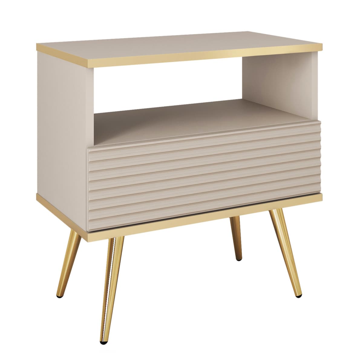 Szafka nocna ryflowana POLO na wysokich nóżkach z jedną szufladą, beżowa