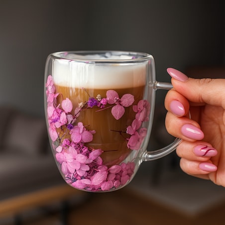 Szklanka termiczna z kwiatami w środku, gipsówka hortensje fiolet, róż 300 ml 1szt SZK201