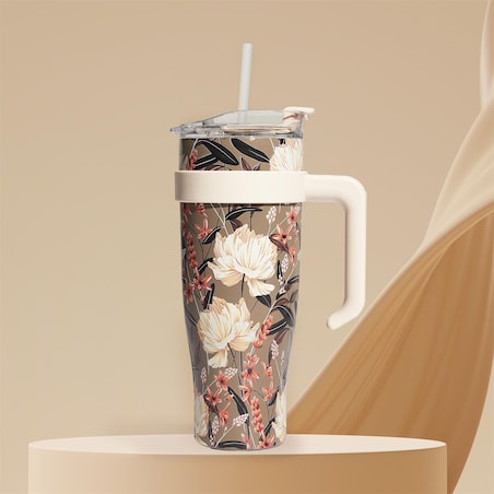 KUBEK TERMICZNY z uchwytem Fleur 1,2L beżowy ZE SŁOMKĄ