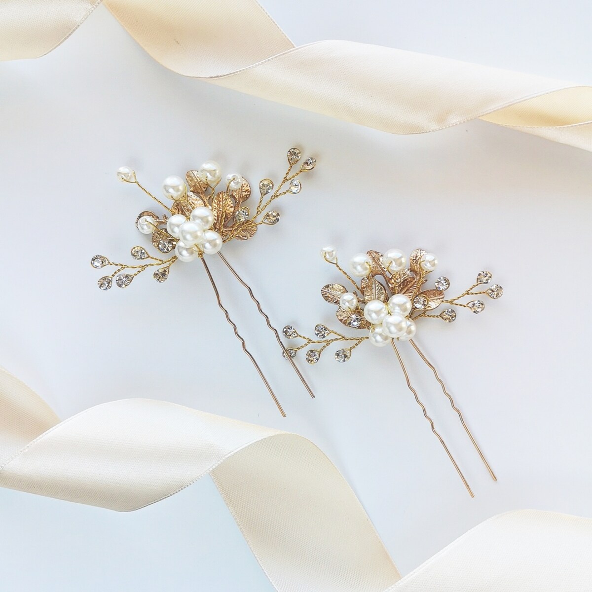 Komplet wsuwek ślubnych złotych pozłacanych listki